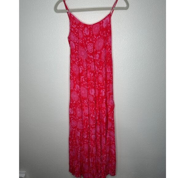 Lush Red & Pink Scoop Neck Open Tie Back Floral Print Boho Midi Sun dress S - Picture 2 of 13